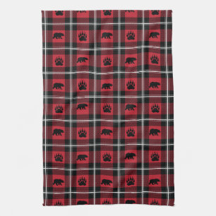 Red Black & White Wild Bear and Paw Flannel Plaid Tea Towel