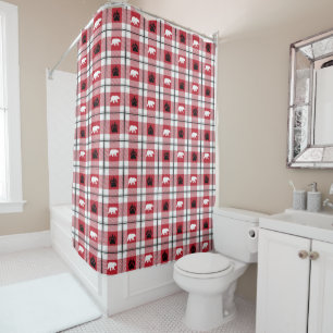 Red Black & White Wild Bear and Paw Plaid Pattern Shower Curtain