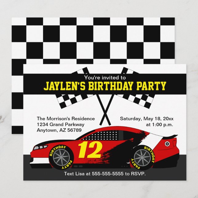 Red Black White Yellow Race Car Birthday Party Card (Front/Back)