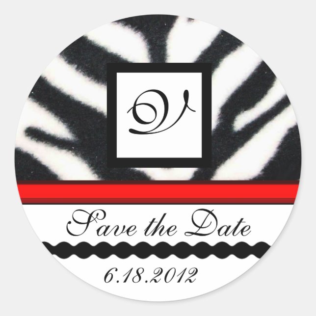 RED BLACK WHITE ZEBRA FUR MONOGRAM ,Save The Date Classic Round Sticker (Front)