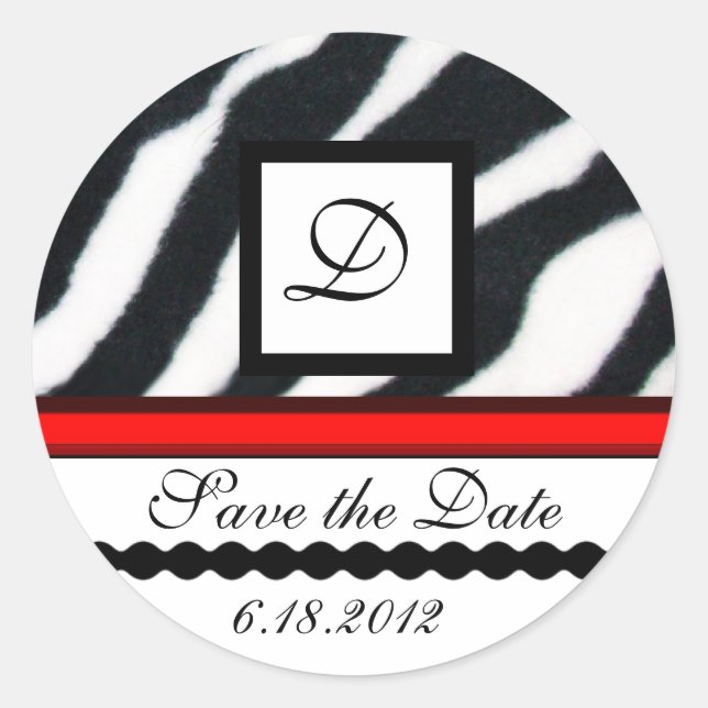 RED BLACK WHITE ZEBRA FUR MONOGRAM ,Save The Date Classic Round Sticker (Front)