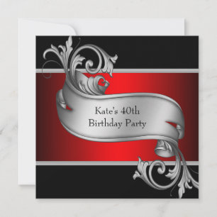 Red Black Womans 40th Birthday Invitation