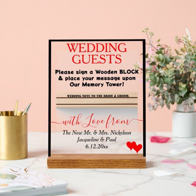 Red Black Wood Guest Book Block Game Hearts Acrylic Sign (Wedding)