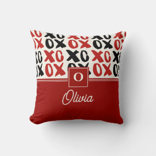 Red Black XOXO Hugs & Kisses Monogram Name Cushion