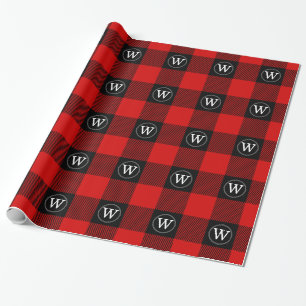 Red Black XXL Buffalo Plaid Lumberjack IR Monogram Wrapping Paper