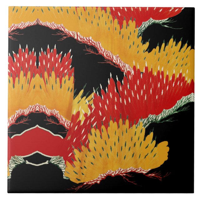 RED BLACK YELLOW ABSTRACT JAPANESE FLORAL CERAMIC TILE (Front)
