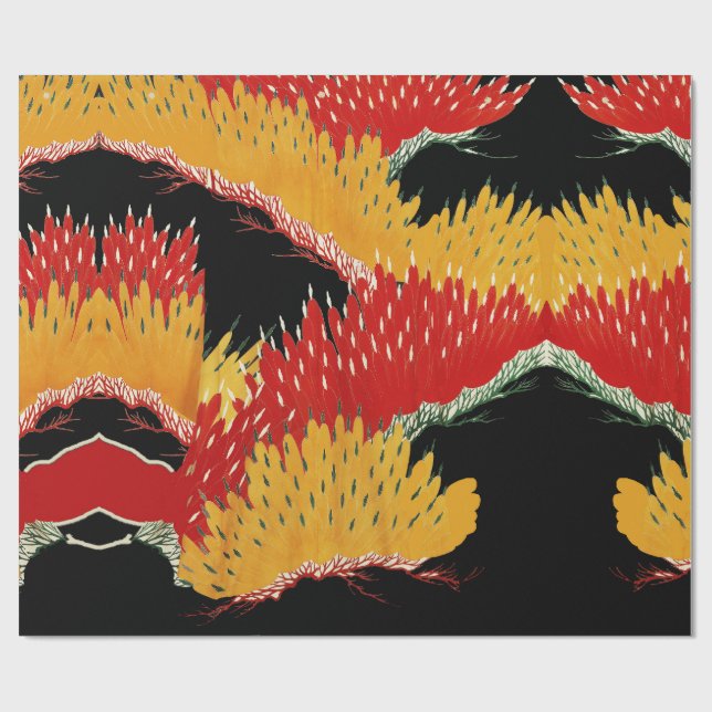 RED BLACK YELLOW ABSTRACT JAPANESE FLORAL WRAPPING PAPER (Flat)