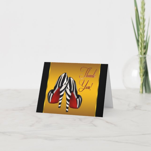 Red Black Yellow Gold Zebra High Heels Thank You Card (Front)