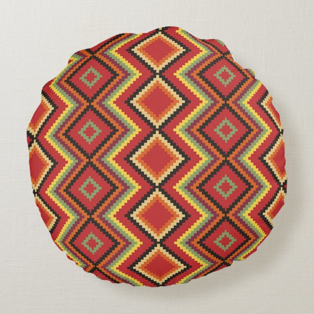 Red Black Yellow Native American Blanket Pattern Round Cushion (Back)
