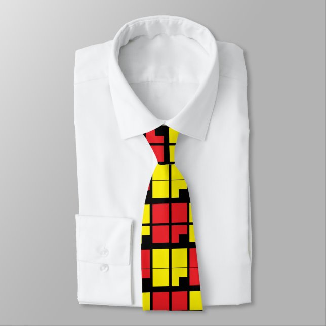 Red Black Yellow Squares Geometric Pattern Tie (Tied)