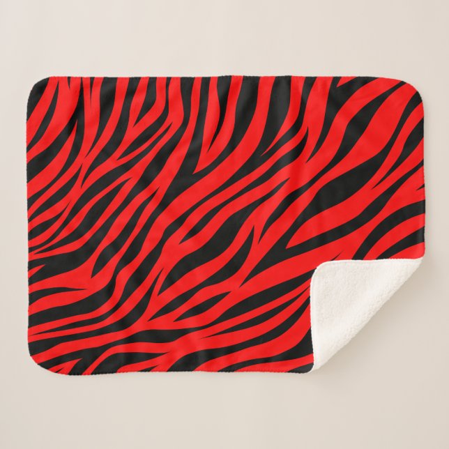 Red Black Zebra Stripes Print Sherpa Blanket (Front (Horizontal))