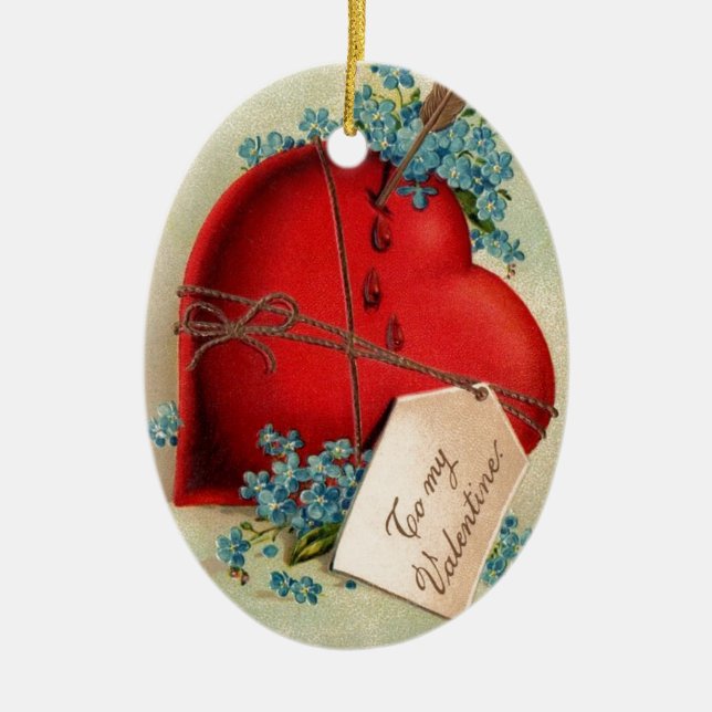 Red Bleeding Heart Valentine Antique Postcard Ceramic Tree Decoration (Front)