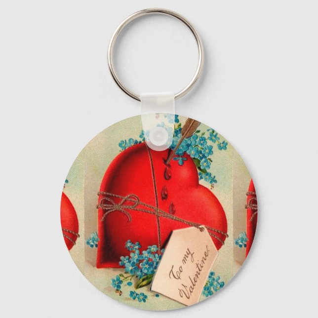 Red Bleeding Heart Valentine Antique Postcard Key Ring (Front)