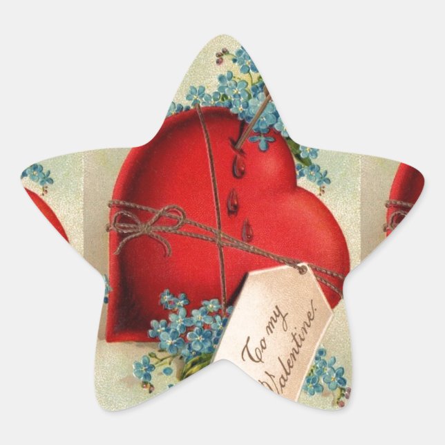 Red Bleeding Heart Valentine Antique Postcard Star Sticker (Front)