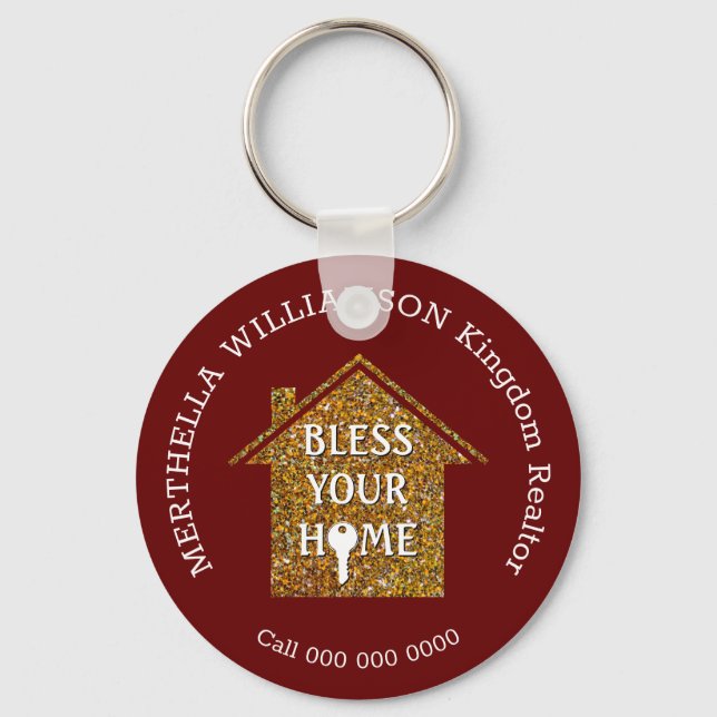 Red BLESS YOUR HOME Real Estate Realtor Keychain (Front)