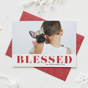 Red Blessed Typography Photo Christmas Holiday Card
