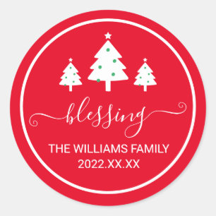 Red Blessing Christmas trees Family Name Classic Round Sticker