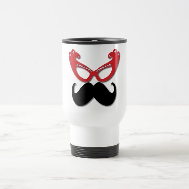 red bling glasses with moustache travel mug (Center)