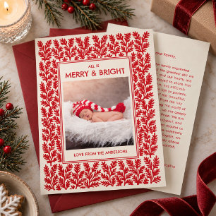 Red Block Print Folk Art Baby's First Christmas Holiday Card