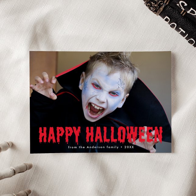 Red Blood Drips Happy Halloween Photo Holiday Card (Creator Uploaded)