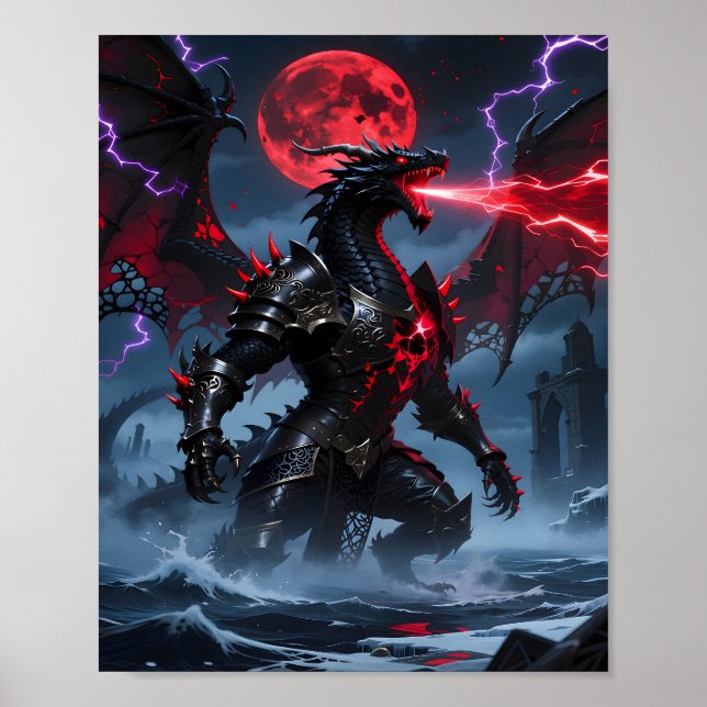 Red Blood Moon Armoured Black Dragon Fantasy Poster (Front)