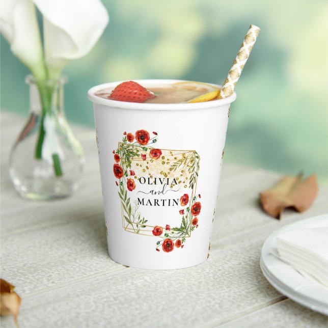 Red Bloom Geometric Gold Magic Sand Wedding Paper Cups (Insitu)