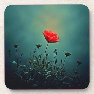 Red Bloom in the Dark Mist Design Coaster