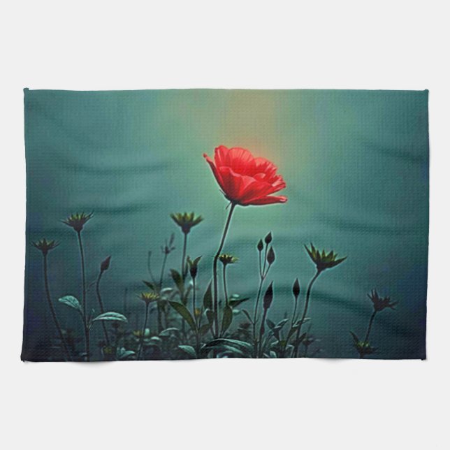 Red Bloom in the Dark Mist Design Tea Towel (Horizontal)