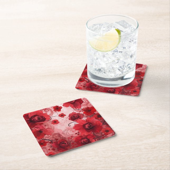 Red Bloom Symphony Square Paper Coaster (Insitu)