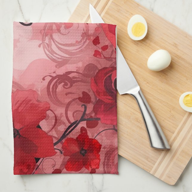 Red Bloom Symphony Tea Towel (Quarter Fold)