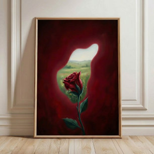 Red Bloom Window – Surreal Floral Wall Art Print