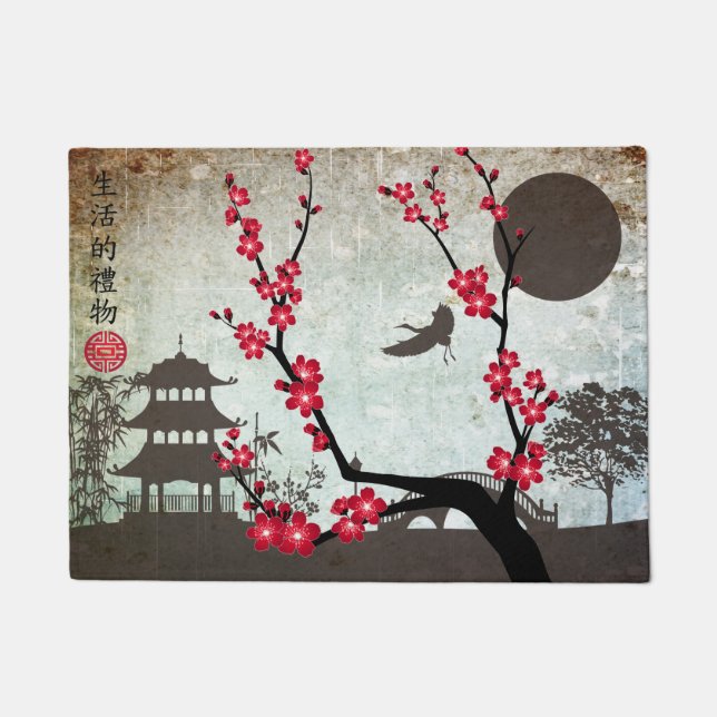 Red blossom tree landscape "Gift of life" Doormat (Front)