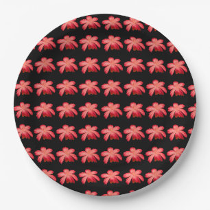 Red Blossom Watercolor Floral Pattern on Black Paper Plate