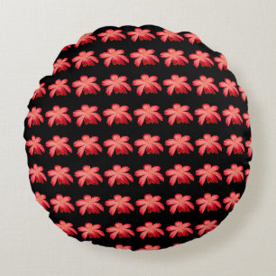 Red Blossom Watercolor Floral Pattern on Black Round Cushion