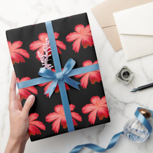 Red Blossom Watercolor Floral Pattern on Black Wrapping Paper