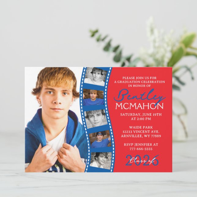 Red & Blue 6 Photo Filmstrip Graduation Collage Invitation (Standing Front)