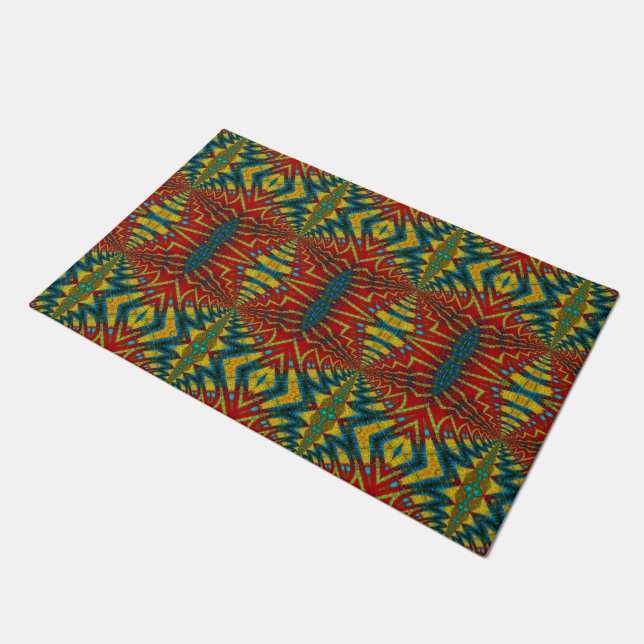 Red Blue Abstract Print Hippie Boho Unique Tribal Doormat (Angled)