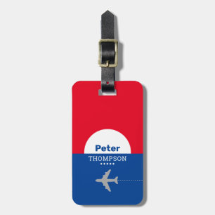 red blue aeroplane luggage tag with name