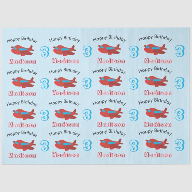 Red & Blue Aeroplane Pattern Birthday Name & Age Tissue Paper (Front)