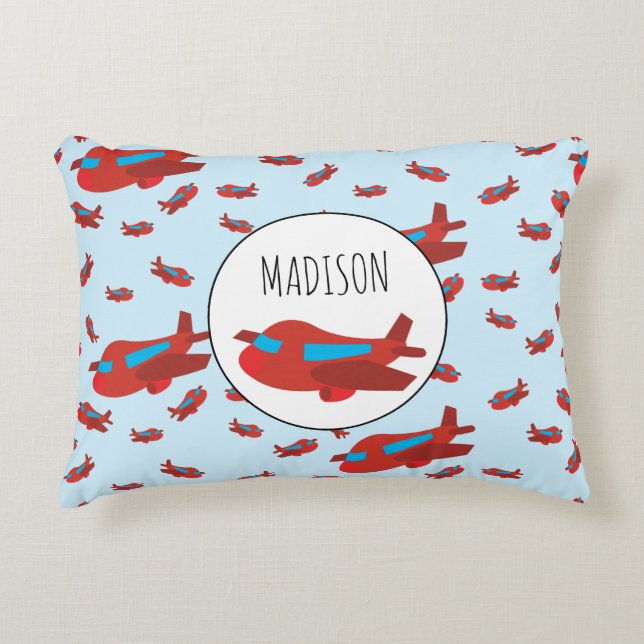 Red & Blue Aeroplane Pattern Custom Decorative Cushion (Front)