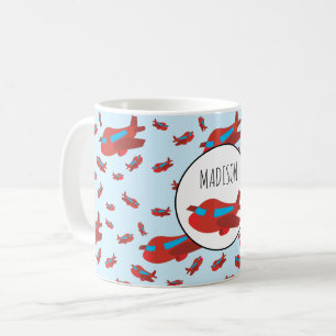 Red & Blue Aeroplane Pattern Custom Name Coffee Mug