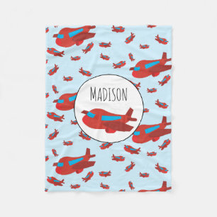 Red & Blue Aeroplane Pattern Custom Name  Fleece Blanket