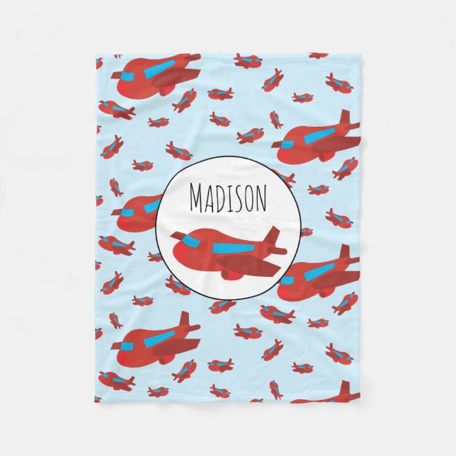 Red & Blue Aeroplane Pattern Custom Name  Fleece Blanket (Front)
