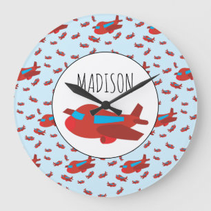 Red & Blue Aeroplane Pattern Custom Name Large Clock