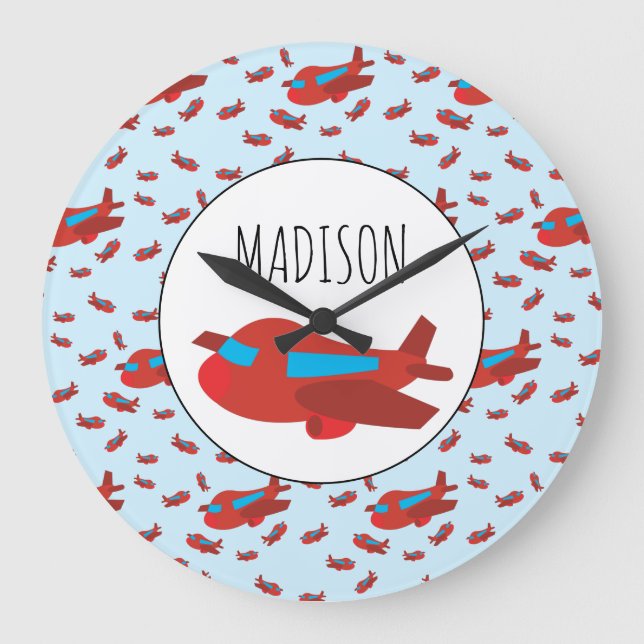 Red & Blue Aeroplane Pattern Custom Name Large Clock (Front)