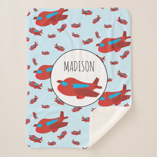 Red & Blue Aeroplane Pattern Custom Name Sherpa Blanket (Front)