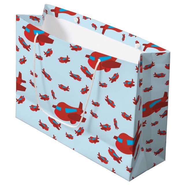 Red & Blue Aeroplane Pattern Large Gift Bag (Front Angled)