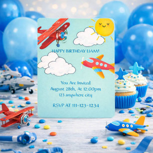 Red Blue aeroplanes boy birthday invitation 