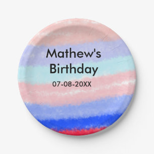 Red blue American boy birthday add name date  Paper Plate