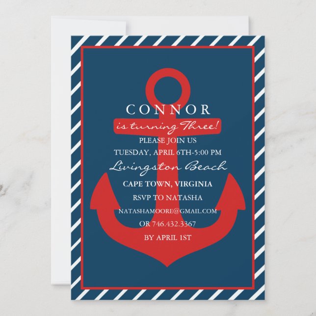 Red & Blue Anchor Birthday Invitation (Front)